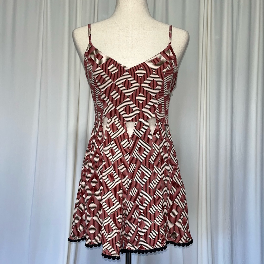 Topshop Red and Beige Geometric Patterned Romper with Cutouts Size 8